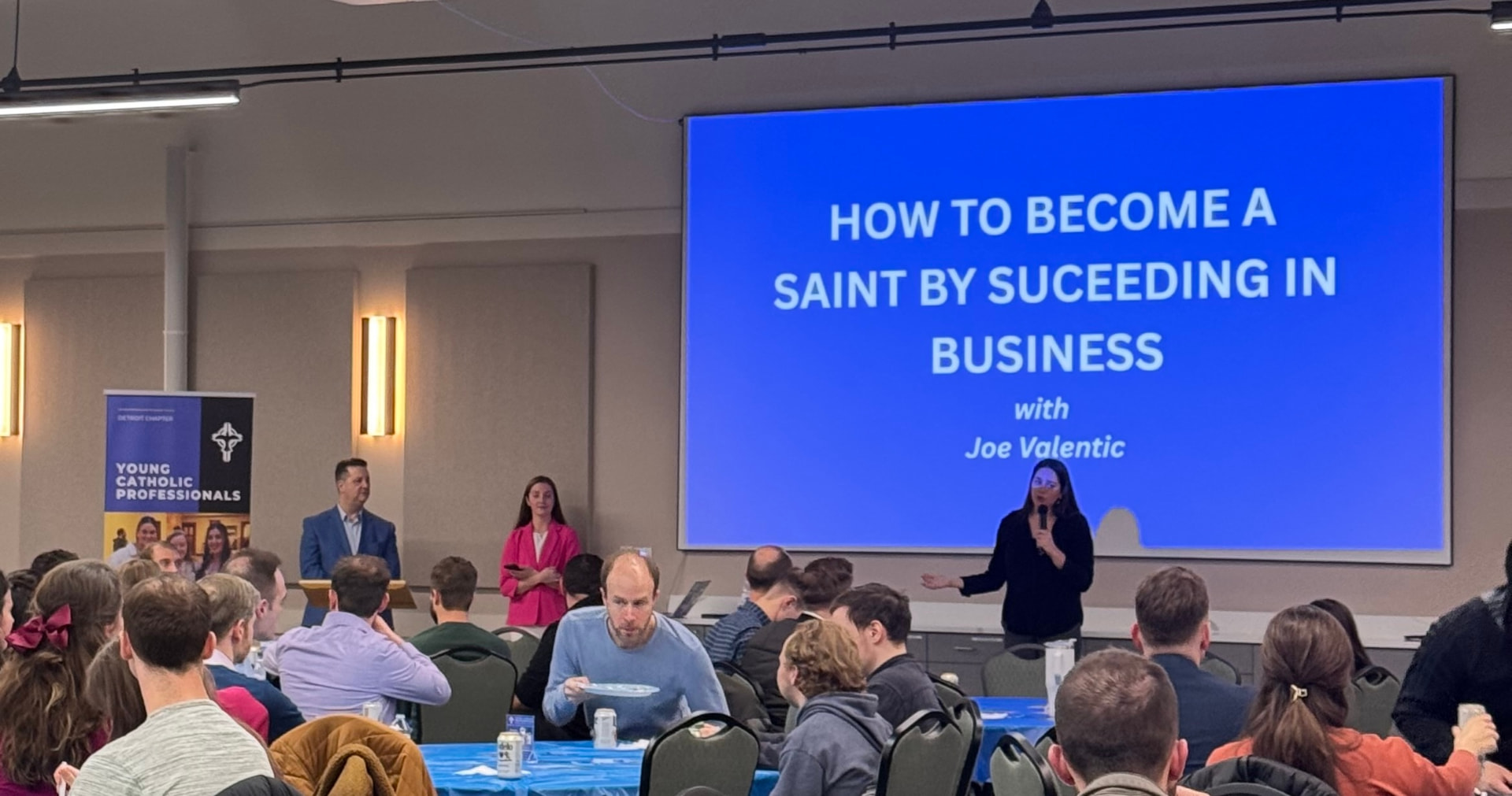 Joe Valentic being introduced before speaking to Young Catholic Professionals Detroit