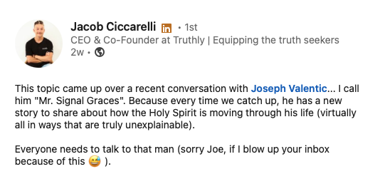 LinkedIn post from Jacob Ciccarelli, CEO and Co-Founder at Truthly, praising Joseph Valentic